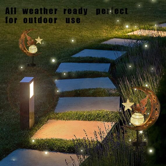 HIQE-FL Mond Solarleuchten Garten Deko,Metall Mond Solarleuchten Garten Deko,Gartenleuchte Wasserdichte Wegeleuchte Mit Blumenfee,Leuchten Balkon,Solarlampen für Außen