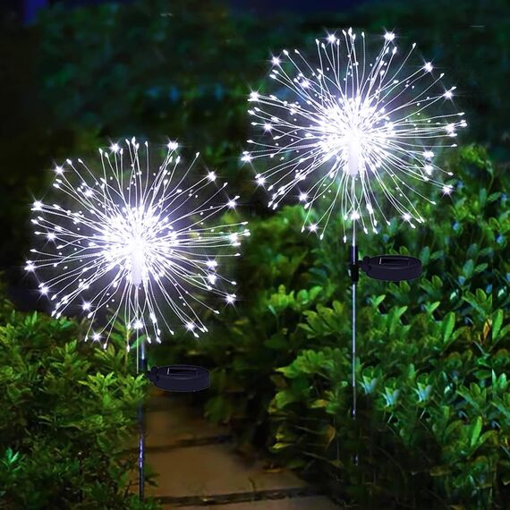 yowin Solarleuchten für Außen 2 Stück 120 LED Garten Solarlampen, 8 Modi Feuerwerk Gartenleuchten Wetterfest Pusteblume Gartenstecker für Balkon Blumenkästen Terrassen Deko - Weiß