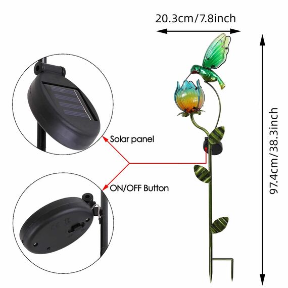TERESA'S COLLECTIONS Solarlampen für Außen, Gartendeko für draußen Wetterfest,97CM, Solarleuchte Metall Gartenlampe, Kolibri-Blume für Terrasse,Figur Geschenke für Frauen/Mama (M)