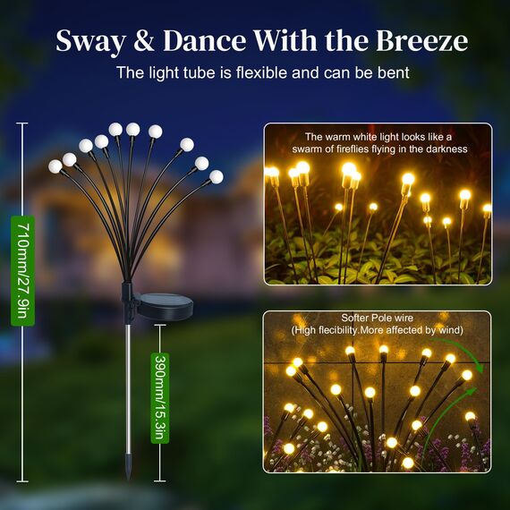 Caldarax 2 Stück Firefly Solarlampen für Außen Garten, 10LED Solar Glühwürmchen Warmweiß, IP65 Wasserdicht, 2 Modi Firefly Solar Licht, Swinging Garten Lichter Dekorative für Fußweg, Yard, Patio