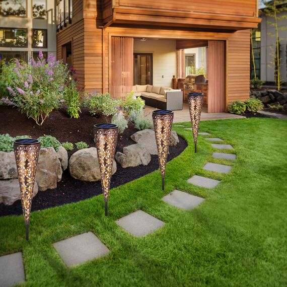 Görvitor Solarlampen für Außen Garten 6 Stück, Metall Solarleuchten für Außen mit IP65 Wasserdicht, LED Warmweiß Gartenleuchten Solar mit Erdspieß für Deko Balkon Terrasse Blumenkasten Hinterhöfe