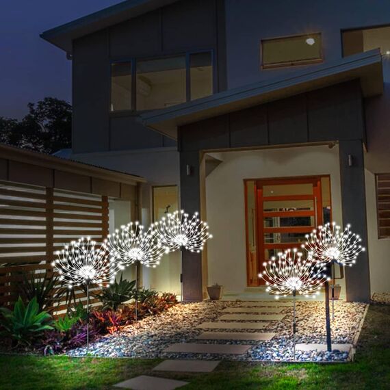 yowin Solarleuchten für Außen 2 Stück 120 LED Garten Solarlampen, 8 Modi Feuerwerk Gartenleuchten Wetterfest Pusteblume Gartenstecker für Balkon Blumenkästen Terrassen Deko - Weiß