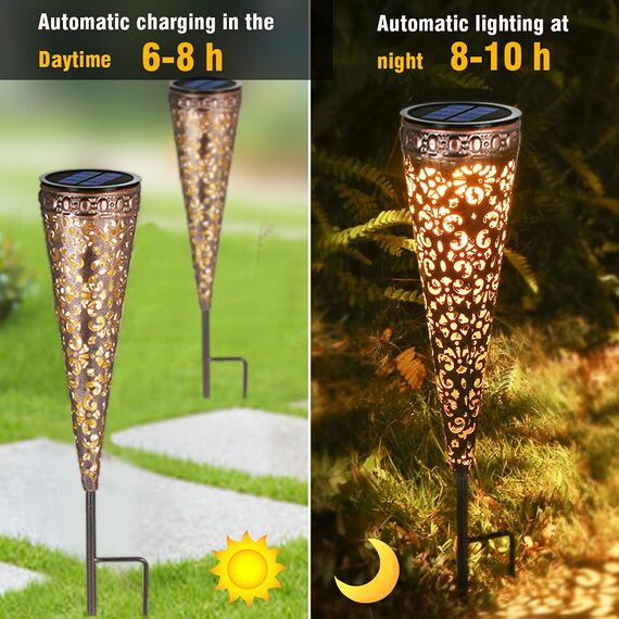 Görvitor Metall Vintage Solarlampen, Görvitor IP65 Wasserdicht Garten Solarleuchten für Außen, Warmweiß LED Solar Gartenleuchten mit Erdspieß Deko für Terrasse Blumenkasten Balkon (2 Stück)