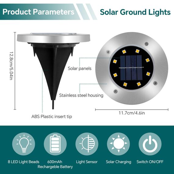 Caldarax 8 Stück Solar Bodenleuchten Aussen für Garten, 8 LEDs Solar Gartenleuchte IP65 Wasserdicht, LED Boden Solarleuchten Edelstahl für Garten Rasen Patio Gehweg Auffahrt(Warmweiß)