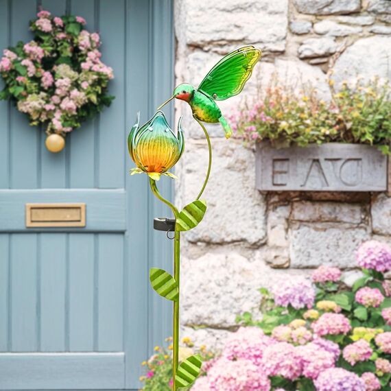 TERESA'S COLLECTIONS Solarlampen für Außen, Gartendeko für draußen Wetterfest,97CM, Solarleuchte Metall Gartenlampe, Kolibri-Blume für Terrasse,Figur Geschenke für Frauen/Mama (M)