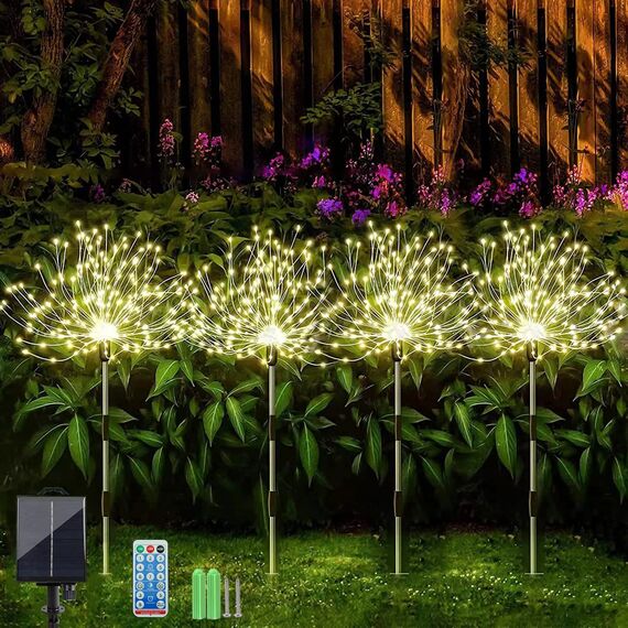 Sunlisky Solarlampen für Außen Garten, Pack of 4 120 LED 1200 mAh Timing and Brightness Adjustment Lights IP65 gartendeko für draußen wetterfest(4 Fireworks Lanterns) (warme Farbe)