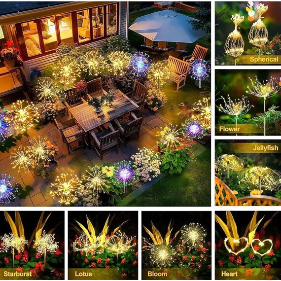 Joycome Solarleuchten für Außen 2 Stück 120 LED Feuerwerk Solarlampen, 8 Modi Gartenleuchten Solar Wetterfest Pusteblume Gartenstecker, Gartenbeleuchtung für Balkon Blumenkästen Terrassen Deko