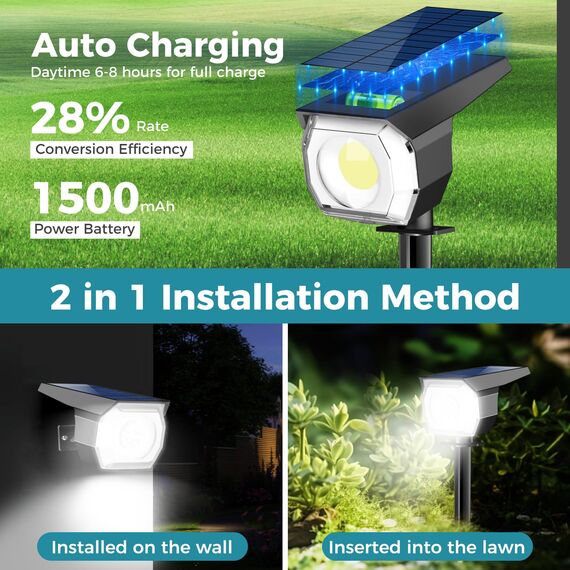 kolpop Solarlampen für Außen, 2 Stück 3 Modi IP67 Wasserdicht solarstrahler für außen garten, 800lm 6500K Tageslicht Weiß Garten Solarleuchten für Garten, Garage Eingang, Zäune, Baum, Pflanzen