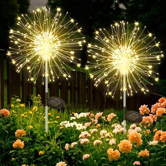 Joycome Solarleuchten für Außen 2 Stück 120 LED Feuerwerk Solarlampen, 8 Modi Gartenleuchten Solar Wetterfest Pusteblume Gartenstecker, Gartenbeleuchtung für Balkon Blumenkästen Terrassen Deko
