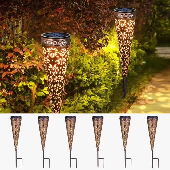 Görvitor Solarlampen für Außen Garten 6 Stück, Metall Solarleuchten für Außen mit IP65 Wasserdicht, LED Warmweiß Gartenleuchten Solar mit Erdspieß für Deko Balkon Terrasse Blumenkasten Hinterhöfe