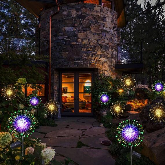 yowin Solarleuchten für Außen 2 Stück 120 LED Garten Solarlampen, 8 Modi Feuerwerk Gartenleuchten Wetterfest Pusteblume Gartenstecker für Balkon Blumenkästen Terrassen Deko - Mehrfarbig