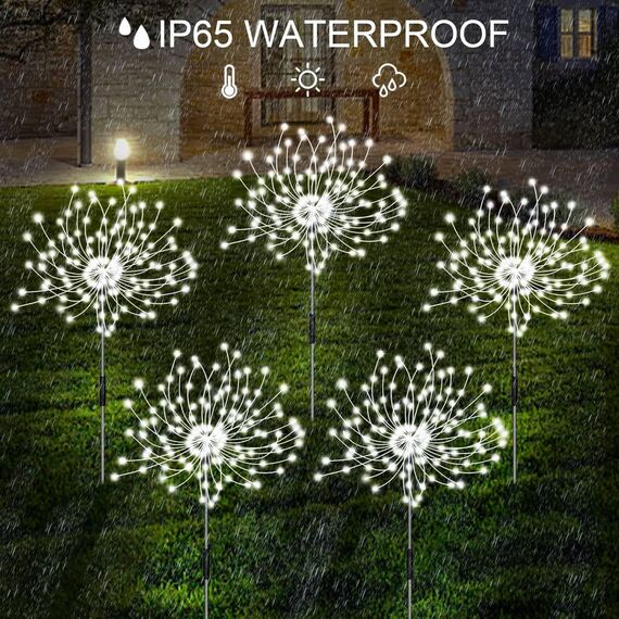 Joycome Solarleuchten für Außen Garten 2 Stück 120 LED Solar Pusteblume Gartenbeleuchtung, 8 Modi Solarlampen Gartenstecker Winterfest Solarlicht Feuerwerk für Weg Balkon Blumenkasten Deko - Weiß