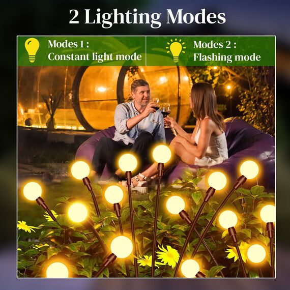 Caldarax 2 Stück Firefly Solarlampen für Außen Garten, 10LED Solar Glühwürmchen Warmweiß, IP65 Wasserdicht, 2 Modi Firefly Solar Licht, Swinging Garten Lichter Dekorative für Fußweg, Yard, Patio