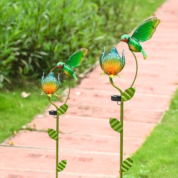 TERESA'S COLLECTIONS Solarlampen für Außen, Gartendeko für draußen Wetterfest,105CM, Solarleuchte Metall Gartenlampe, Kolibri-Blume für Terrasse,Figur Geschenke für Frauen/Mama (L)