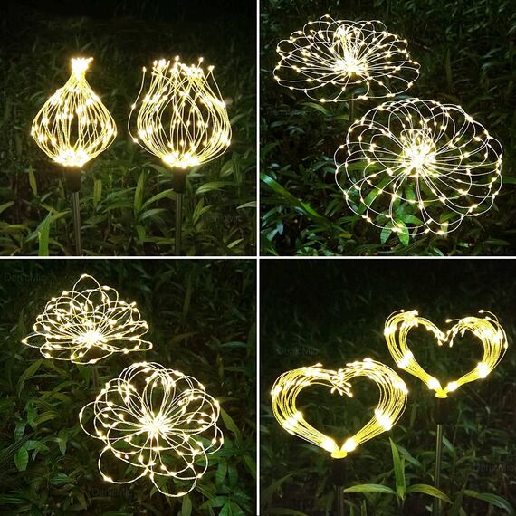 Sunlisky Solarlampen für Außen Garten, Pack of 4 120 LED 1200 mAh Timing and Brightness Adjustment Lights IP65 gartendeko für draußen wetterfest(4 Fireworks Lanterns) (warme Farbe)