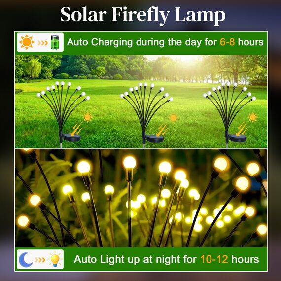 Caldarax 2 Stück Firefly Solarlampen für Außen Garten, 10LED Solar Glühwürmchen Warmweiß, IP65 Wasserdicht, 2 Modi Firefly Solar Licht, Swinging Garten Lichter Dekorative für Fußweg, Yard, Patio