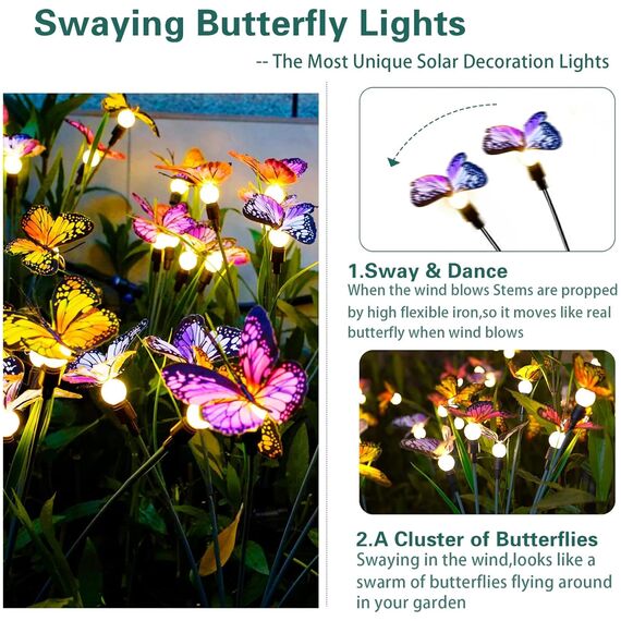 VEEKAY Solarlampen für Außen Garten,2 Stück 12 LED Schmetterling Glühwürmchen Solargartenlichter,Firefly Solar-gartenlichter,IP65 Wasserdicht Swinging Solarleuchten für Hof, Terrasse,Gehweg-Dekoration