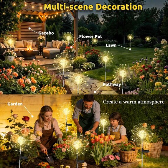 Joycome Solarleuchten für Außen 2 Stück 120 LED Feuerwerk Solarlampen, 8 Modi Gartenleuchten Solar Wetterfest Pusteblume Gartenstecker, Gartenbeleuchtung für Balkon Blumenkästen Terrassen Deko