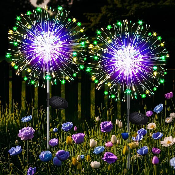 Joycome Solarleuchten für Außen Garten 2 Stück 120 LED Solar Pusteblume Gartenbeleuchtung, 8 Modi Solarlampen Gartenstecker Winterfest Solarlicht Feuerwerk für Balkon Blumenkasten Deko - Mehrfarbig