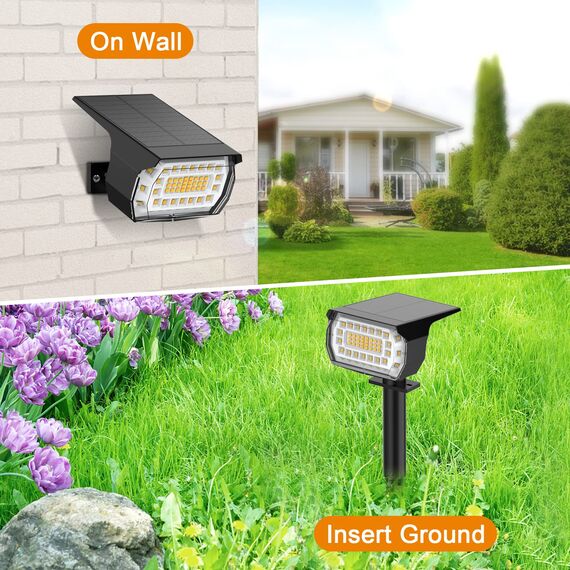 WELALO Solarstrahler für Außen, 57 LED 3000K Solarlampen für Außen Garten, 3 Helligkeit Einstellbar Solarleuchten, IP65 Wasserdicht Solar Gartenleuchte für Hof Garten Garage Weg (Warmweiß, 2er Pack)
