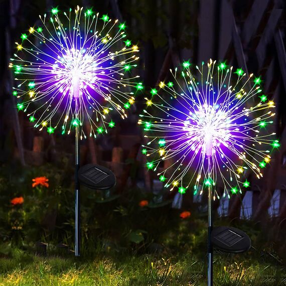 yowin Solarleuchten für Außen 2 Stück 120 LED Garten Solarlampen, 8 Modi Feuerwerk Gartenleuchten Wetterfest Pusteblume Gartenstecker für Balkon Blumenkästen Terrassen Deko - Mehrfarbig