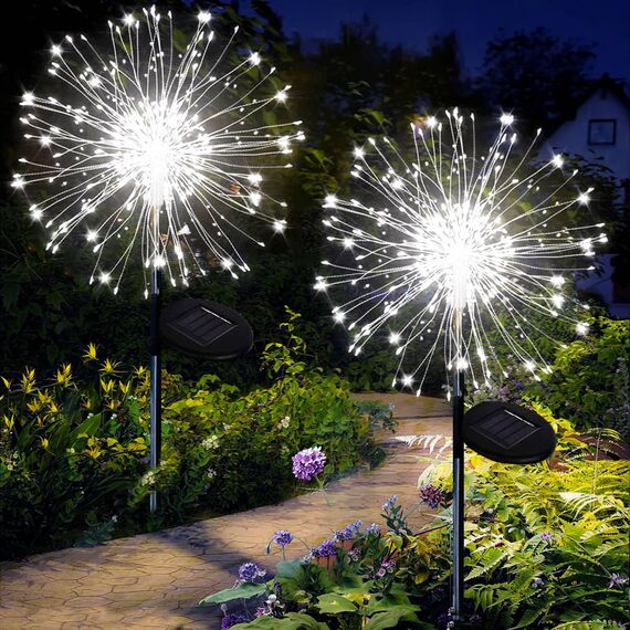 Joycome Solarleuchten für Außen Garten 2 Stück 120 LED Solar Pusteblume Gartenbeleuchtung, 8 Modi Solarlampen Gartenstecker Winterfest Solarlicht Feuerwerk für Weg Balkon Blumenkasten Deko - Weiß