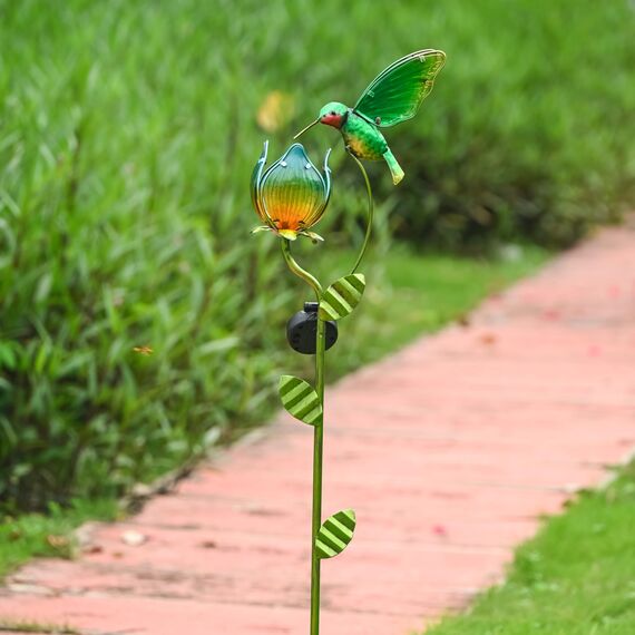 TERESA'S COLLECTIONS Solarlampen für Außen, Gartendeko für draußen Wetterfest,105CM, Solarleuchte Metall Gartenlampe, Kolibri-Blume für Terrasse,Figur Geschenke für Frauen/Mama (L)