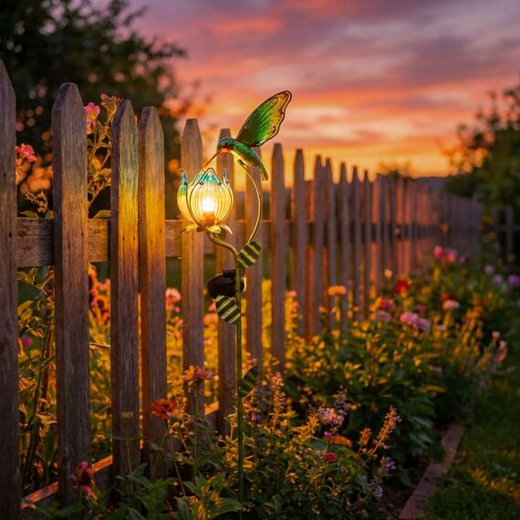 TERESA'S COLLECTIONS Solarlampen für Außen, Gartendeko für draußen Wetterfest,97CM, Solarleuchte Metall Gartenlampe, Kolibri-Blume für Terrasse,Figur Geschenke für Frauen/Mama (M)
