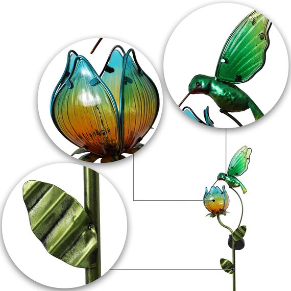 TERESA'S COLLECTIONS Solarlampen für Außen, Gartendeko für draußen Wetterfest,97CM, Solarleuchte Metall Gartenlampe, Kolibri-Blume für Terrasse,Figur Geschenke für Frauen/Mama (M)
