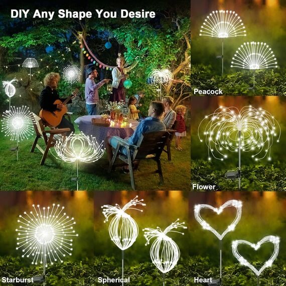 Joycome Solarleuchten für Außen Garten 2 Stück 120 LED Solar Pusteblume Gartenbeleuchtung, 8 Modi Solarlampen Gartenstecker Winterfest Solarlicht Feuerwerk für Weg Balkon Blumenkasten Deko - Weiß