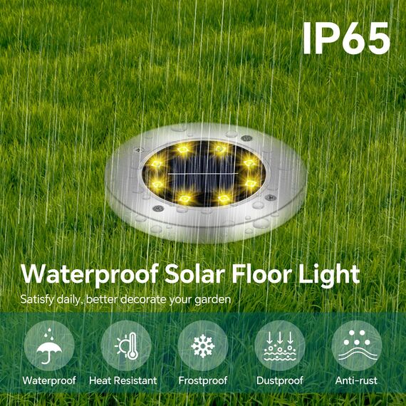 Caldarax 8 Stück Solar Bodenleuchten Aussen für Garten, 8 LEDs Solar Gartenleuchte IP65 Wasserdicht, LED Boden Solarleuchten Edelstahl für Garten Rasen Patio Gehweg Auffahrt(Warmweiß)
