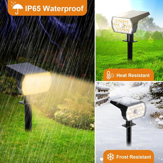 Solarlampen für Außen mit Bewegungsmelder, Solarstrahler für Garten 3 Modi Solar Gartenleuchten, 3000K Warmweiß Solarleuchten IP65 Wasserdicht LED Solar Strahler für Aussen Weg Hof Gehweg, 4 Stück