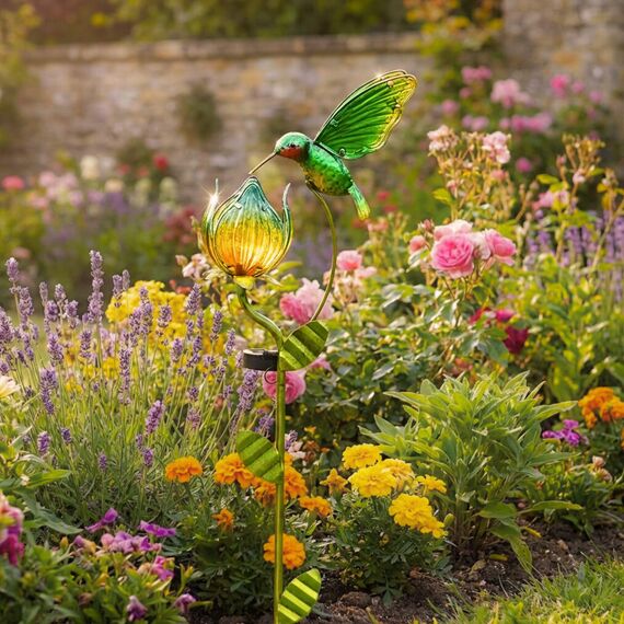 TERESA'S COLLECTIONS Solarlampen für Außen, Gartendeko für draußen Wetterfest,97CM, Solarleuchte Metall Gartenlampe, Kolibri-Blume für Terrasse,Figur Geschenke für Frauen/Mama (M)