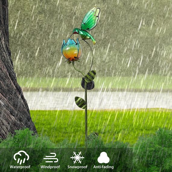 TERESA'S COLLECTIONS Solarlampen für Außen, Gartendeko für draußen Wetterfest,105CM, Solarleuchte Metall Gartenlampe, Kolibri-Blume für Terrasse,Figur Geschenke für Frauen/Mama (L)