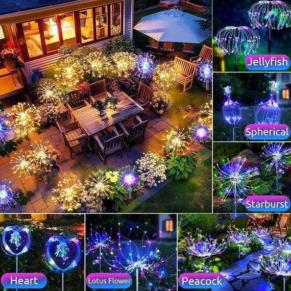 yowin Solarleuchten für Außen 2 Stück 120 LED Garten Solarlampen, 8 Modi Feuerwerk Gartenleuchten Wetterfest Pusteblume Gartenstecker für Balkon Blumenkästen Terrassen Deko - Mehrfarbig