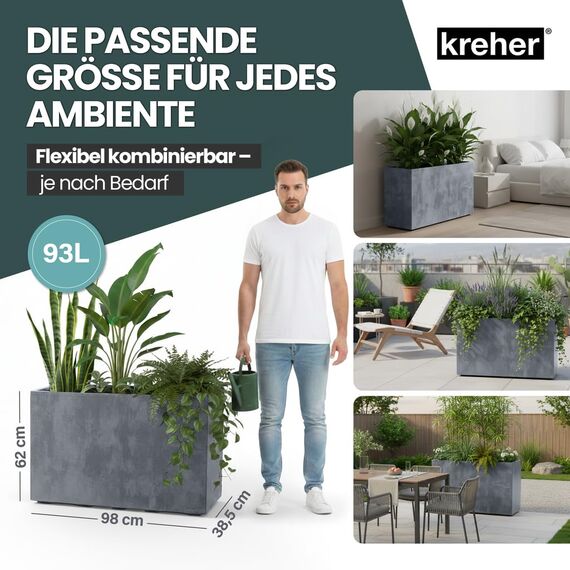 Kreher XL Pflanzkasten Millennium in verschiedenen Formaten und Farben. Tolle Naturstein Optik in Braun, Beige, Anthrazit oder Grau! Aus robustem Kunststoff! (XL Raumteiler (rechteckig) in Grau)
