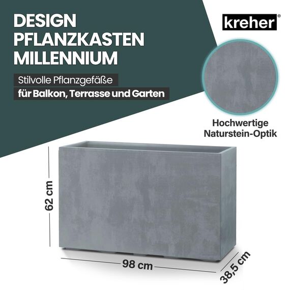 Kreher XL Pflanzkasten Millennium in verschiedenen Formaten und Farben. Tolle Naturstein Optik in Braun, Beige, Anthrazit oder Grau! Aus robustem Kunststoff! (XL Raumteiler (rechteckig) in Grau)