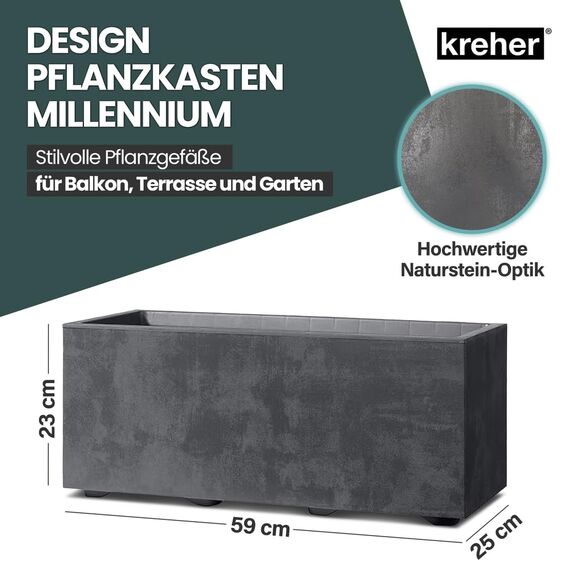 Kreher XL Pflanzkasten Millennium in verschiedenen Formaten und Farben. Tolle Naturstein Optik in Braun, Beige, Anthrazit oder Grau! Aus robustem Kunststoff! (23 Liter (rechteckig) Anthrazit)