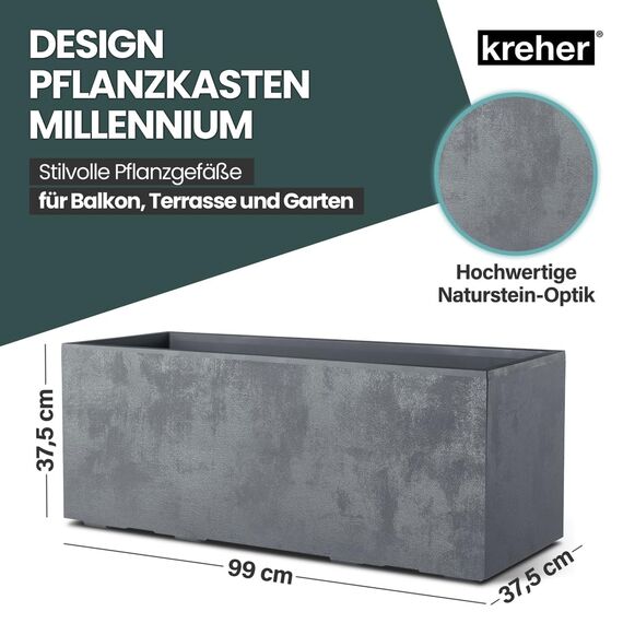 Kreher XL Pflanzkasten Millennium in verschiedenen Formaten und Farben. Tolle Naturstein Optik in Braun, Beige, Anthrazit oder Grau! Aus robustem Kunststoff! (100 Liter (rechteckig) Grau)