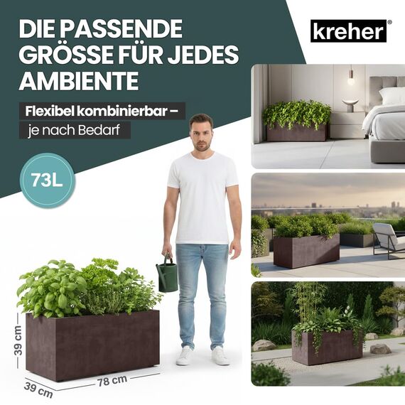 Kreher XL Pflanzkasten Millennium in verschiedenen Formaten und Farben. Tolle Naturstein Optik in Braun, Beige, Anthrazit oder Grau! Aus robustem Kunststoff! (73 Liter (rechteckig) Braun)