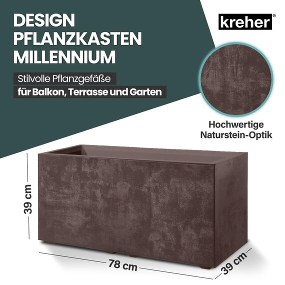 Kreher XL Pflanzkasten Millennium in verschiedenen Formaten und Farben. Tolle Naturstein Optik in Braun, Beige, Anthrazit oder Grau! Aus robustem Kunststoff! (73 Liter (rechteckig) Braun)