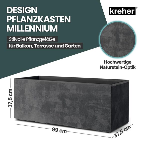 Kreher XL Pflanzkasten Millennium in verschiedenen Formaten und Farben. Tolle Naturstein Optik in Braun, Beige, Anthrazit oder Grau! Aus robustem Kunststoff! (100 Liter (rechteckig) Anthrazit)