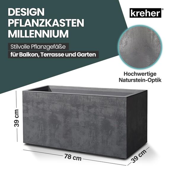Kreher XL Pflanzkasten Millennium in verschiedenen Formaten und Farben. Tolle Naturstein Optik in Braun, Beige, Anthrazit oder Grau! Aus robustem Kunststoff! (73 Liter (rechteckig) Anthrazit)