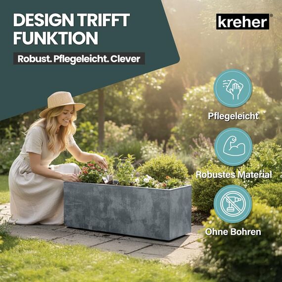 Kreher XL Pflanzkasten Millennium in verschiedenen Formaten und Farben. Tolle Naturstein Optik in Braun, Beige, Anthrazit oder Grau! Aus robustem Kunststoff! (100 Liter (rechteckig) Grau)