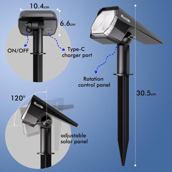 Quntis 4 Pack Solarstrahler für außen Garten, Solar Spots Warmweiß Kaltweiß Neutralweiß 26 LED Gartenstrahler USB-C-Aufladung IP65 wasserdichte Solarleuchte Dimmbare Solarlampe für Garten Baum Pflanze