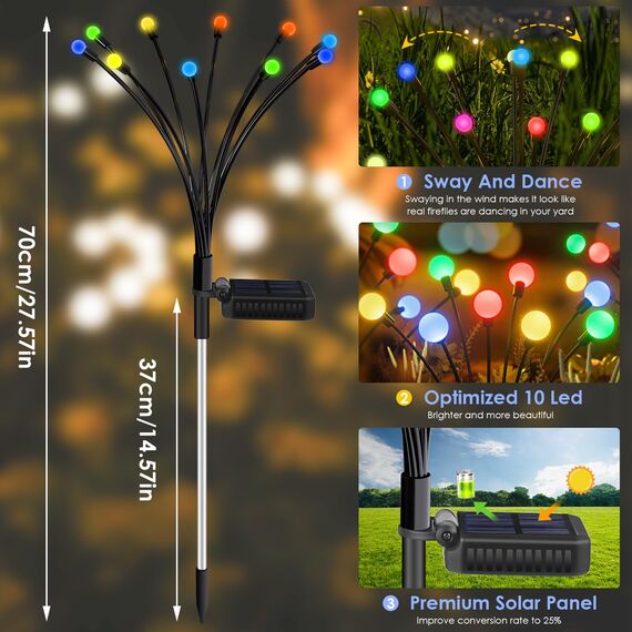 ZWOOS 4er-Pack Solarlampen für Außenbereich und Garten - 10 LED Glühwürmchen Solarleuchten für Balkon und Garten, IP65 Wasserdicht, warmweißes Licht, (RGB)