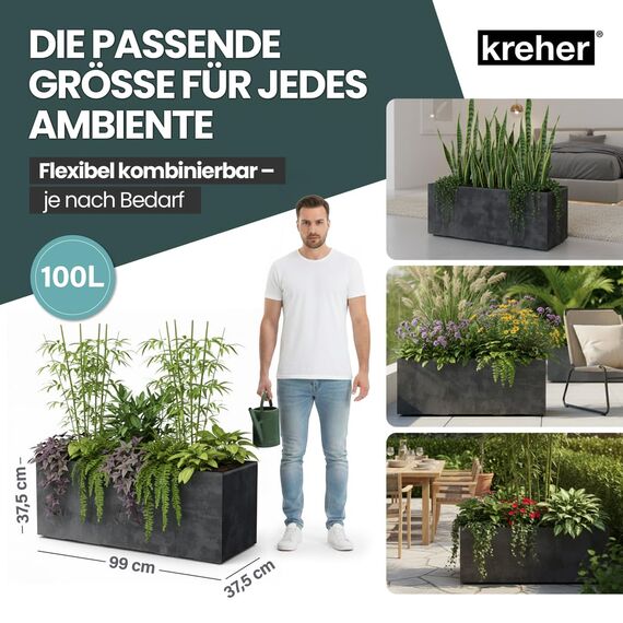 Kreher XL Pflanzkasten Millennium in verschiedenen Formaten und Farben. Tolle Naturstein Optik in Braun, Beige, Anthrazit oder Grau! Aus robustem Kunststoff! (100 Liter (rechteckig) Anthrazit)