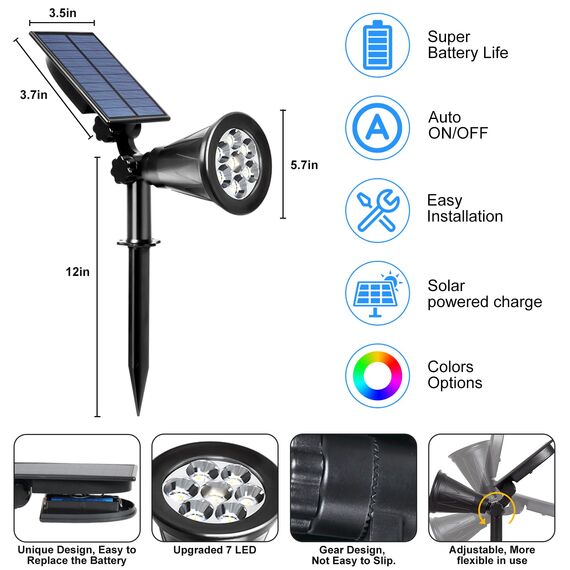 T-SUNUS Solarlampen für Außen RGB, Solarstrahler für Außen Mehrfarbig 7 LED, Gartenstrahler Solar Farbig mit 7 Farbwechsel, IP65 Wasserdicht für Baum Hof Weg Garten