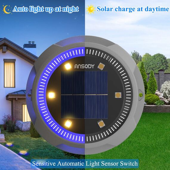 Ansody Solar Bodenleuchten Aussen 8 Stück, 6+4 LEDs Solarlampen für Außen Gartenleuchte mit Upgrade Solarpanel IP65 Wasserdich Led Solarleuchten Garten für Rasen/Auffahrt/Gehweg/Patio
