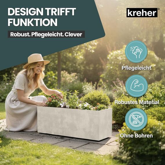 Kreher XL Pflanzkasten Millennium in verschiedenen Formaten und Farben. Tolle Naturstein Optik in Braun, Beige, Anthrazit oder Grau! Aus robustem Kunststoff! (100 Liter (rechteckig) Beige)
